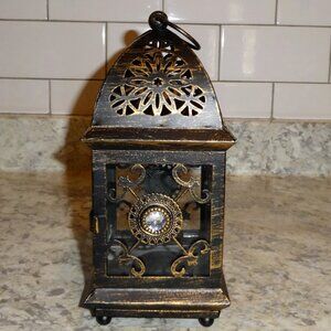 'Vintage Pier 1' 9"ht Decorative Bronze Lantern Glass Panels Crystal Stones